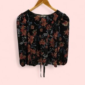 Cute Monteau floral crushed velvet open tie back puff sleeve whimsigoth top